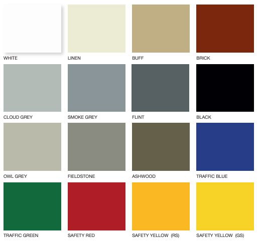 Color palette showcasing 16 different shades, including white, linen, buff, brick, cloud grey, smoke grey, flint, black, owl grey, fieldstone, ashwood, traffic blue, traffic green, safety red, and safety yellow (RS & GS).